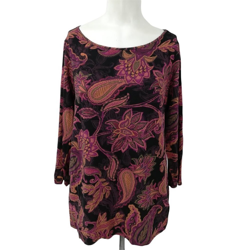 J.Jill Wearever Collection Paisley Blouse Size M Stretch 3/4 Sleeve Knit Orange